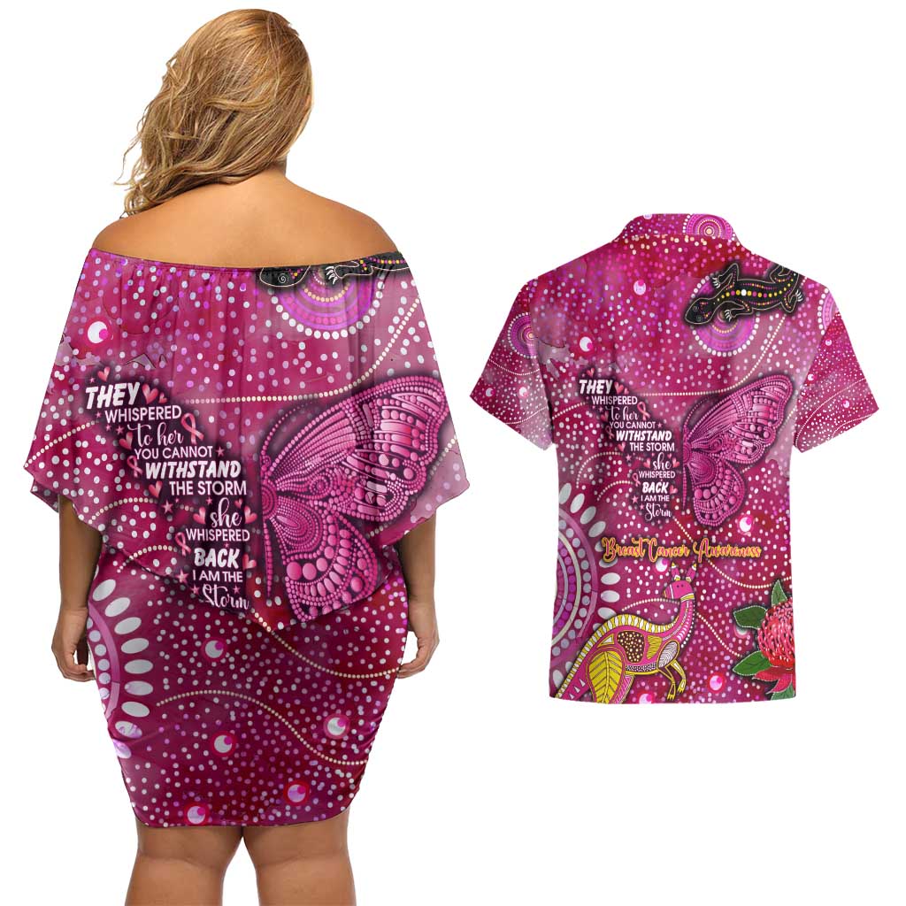 Breast Cancer Awareness Aboriginal Couples Matching Off Shoulder Short Dress and Hawaiian Shirt Australian Pink Out