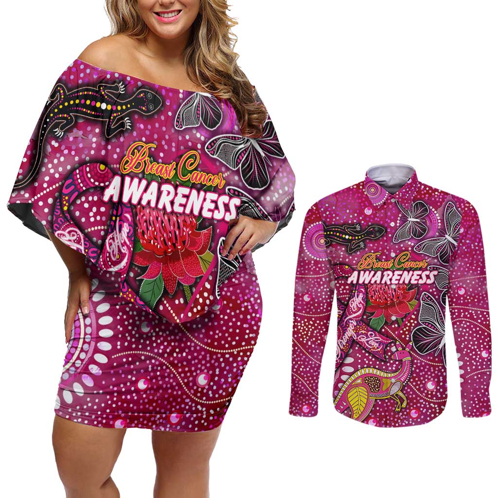 Breast Cancer Awareness Aboriginal Couples Matching Off Shoulder Short Dress and Long Sleeve Button Shirt Australian Pink Out