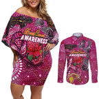Breast Cancer Awareness Aboriginal Couples Matching Off Shoulder Short Dress and Long Sleeve Button Shirt Australian Pink Out
