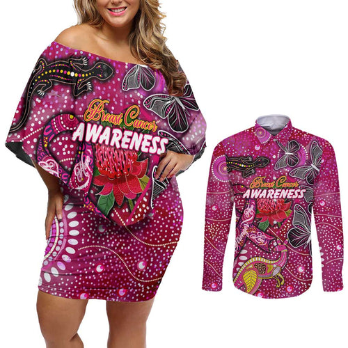 Breast Cancer Awareness Aboriginal Couples Matching Off Shoulder Short Dress and Long Sleeve Button Shirt Australian Pink Out