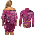 Breast Cancer Awareness Aboriginal Couples Matching Off Shoulder Short Dress and Long Sleeve Button Shirt Australian Pink Out