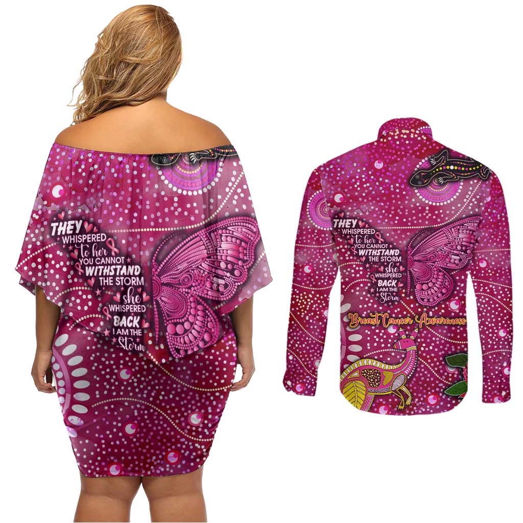 Breast Cancer Awareness Aboriginal Couples Matching Off Shoulder Short Dress and Long Sleeve Button Shirt Australian Pink Out