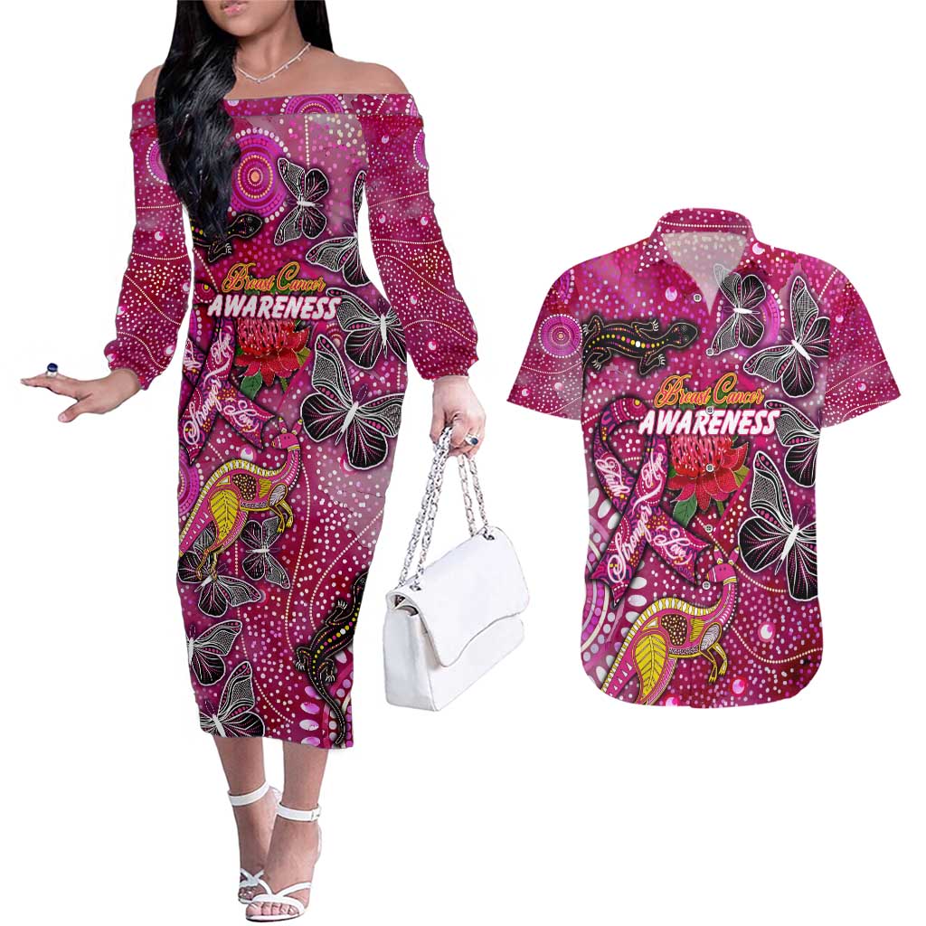 Breast Cancer Awareness Aboriginal Couples Matching Off The Shoulder Long Sleeve Dress and Hawaiian Shirt Australian Pink Out