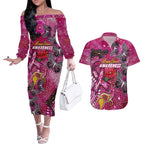Breast Cancer Awareness Aboriginal Couples Matching Off The Shoulder Long Sleeve Dress and Hawaiian Shirt Australian Pink Out