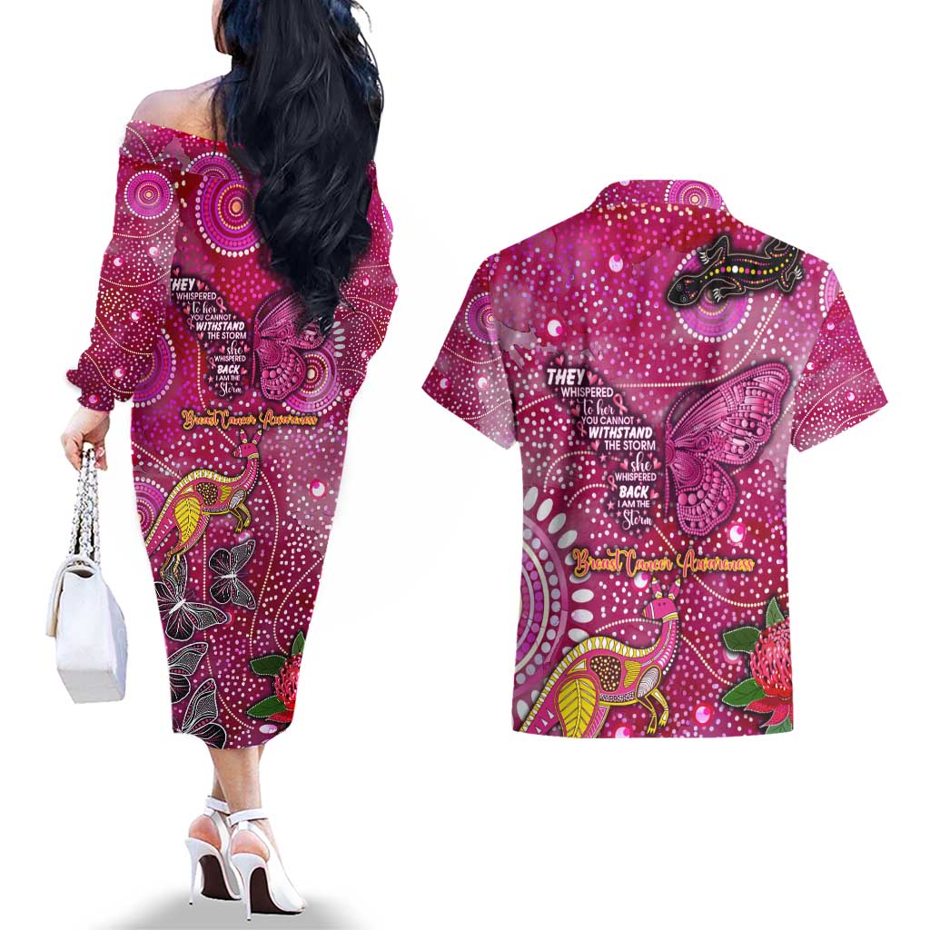 Breast Cancer Awareness Aboriginal Couples Matching Off The Shoulder Long Sleeve Dress and Hawaiian Shirt Australian Pink Out