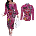 Breast Cancer Awareness Aboriginal Couples Matching Off The Shoulder Long Sleeve Dress and Long Sleeve Button Shirt Australian Pink Out
