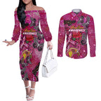 Breast Cancer Awareness Aboriginal Couples Matching Off The Shoulder Long Sleeve Dress and Long Sleeve Button Shirt Australian Pink Out