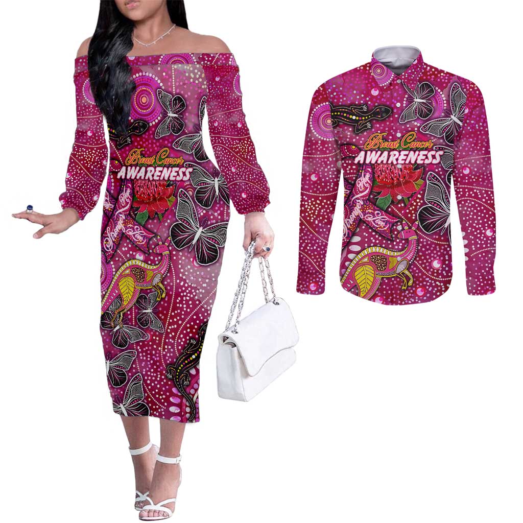Breast Cancer Awareness Aboriginal Couples Matching Off The Shoulder Long Sleeve Dress and Long Sleeve Button Shirt Australian Pink Out