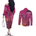 Breast Cancer Awareness Aboriginal Couples Matching Off The Shoulder Long Sleeve Dress and Long Sleeve Button Shirt Australian Pink Out