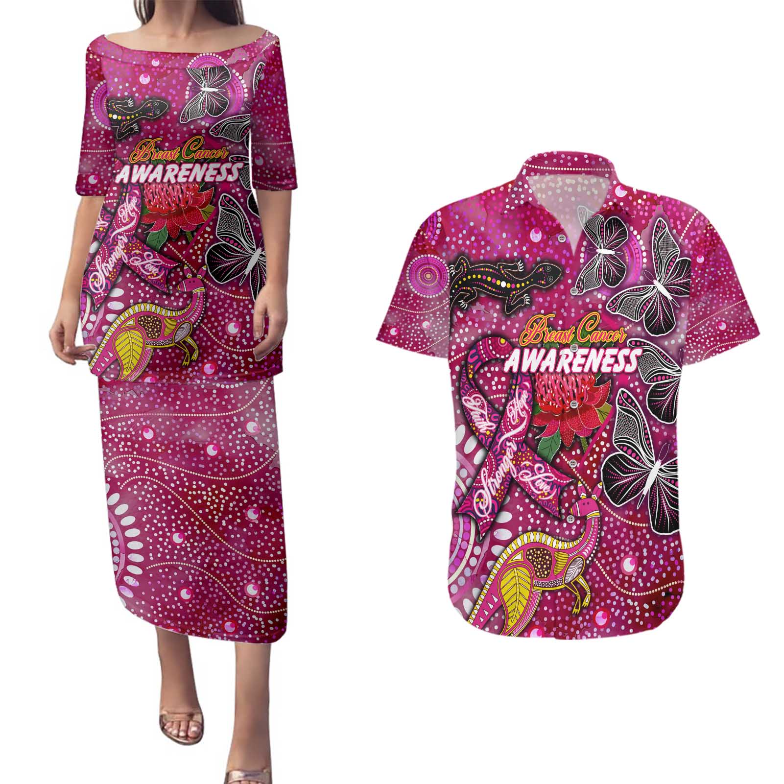 Breast Cancer Awareness Aboriginal Couples Matching Puletasi and Hawaiian Shirt Australian Pink Out