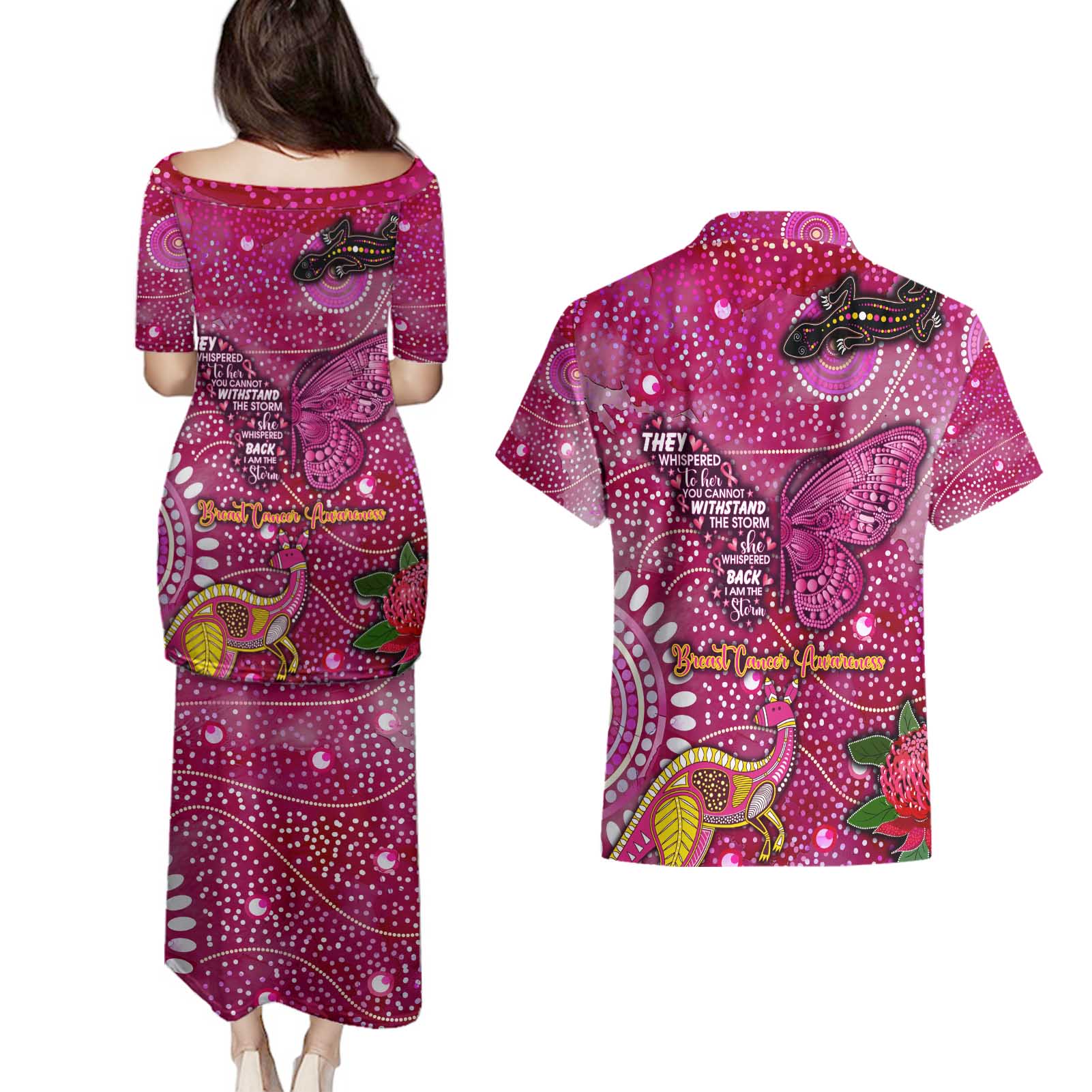 Breast Cancer Awareness Aboriginal Couples Matching Puletasi and Hawaiian Shirt Australian Pink Out