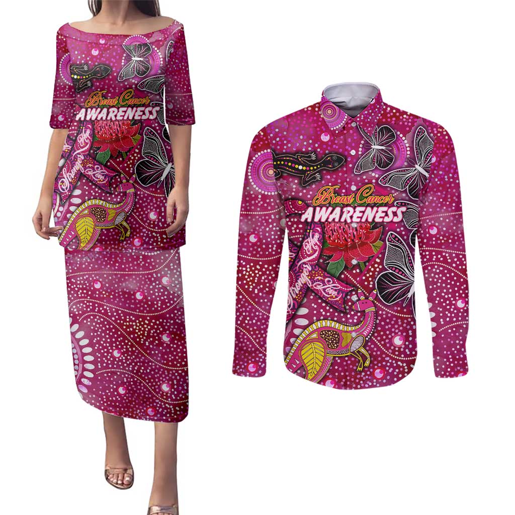 Breast Cancer Awareness Aboriginal Couples Matching Puletasi and Long Sleeve Button Shirt Australian Pink Out