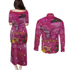 Breast Cancer Awareness Aboriginal Couples Matching Puletasi and Long Sleeve Button Shirt Australian Pink Out