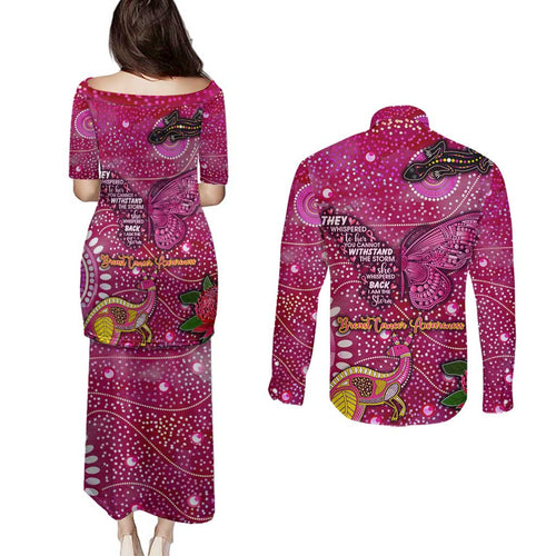 Breast Cancer Awareness Aboriginal Couples Matching Puletasi and Long Sleeve Button Shirt Australian Pink Out