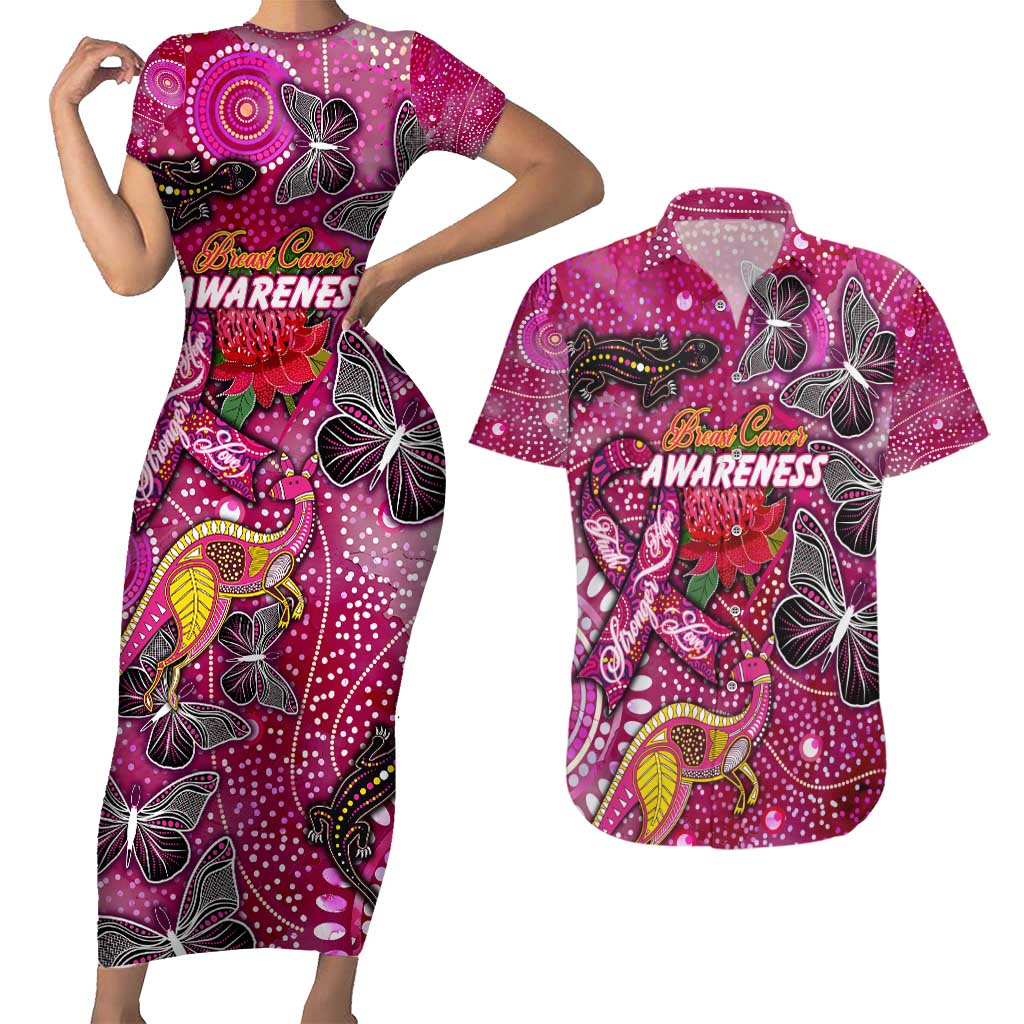 Breast Cancer Awareness Aboriginal Couples Matching Short Sleeve Bodycon Dress and Hawaiian Shirt Australian Pink Out