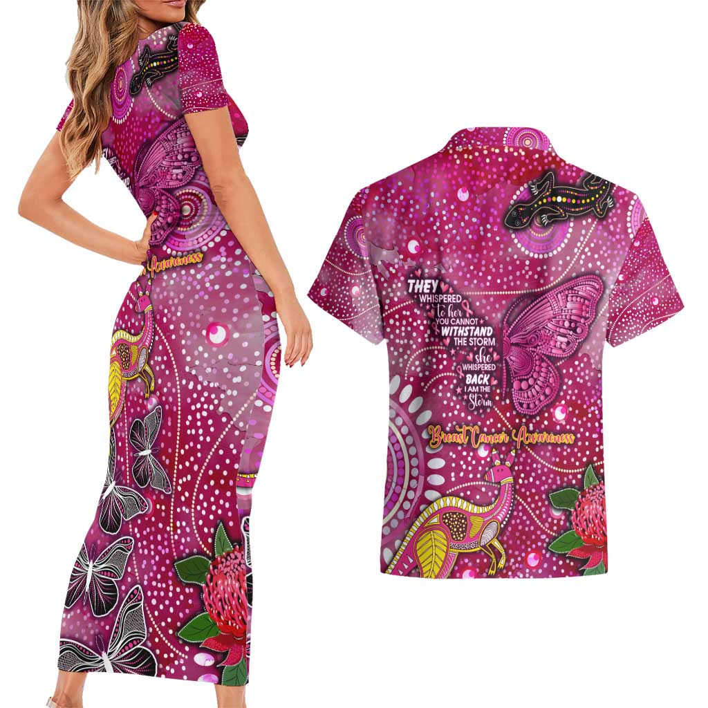 Breast Cancer Awareness Aboriginal Couples Matching Short Sleeve Bodycon Dress and Hawaiian Shirt Australian Pink Out