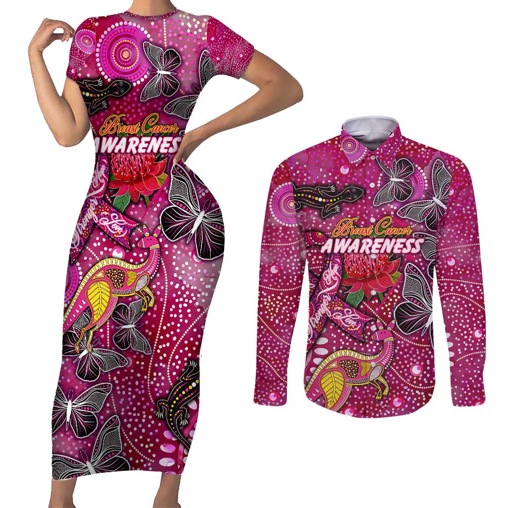 Breast Cancer Awareness Aboriginal Couples Matching Short Sleeve Bodycon Dress and Long Sleeve Button Shirt Australian Pink Out