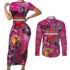Breast Cancer Awareness Aboriginal Couples Matching Short Sleeve Bodycon Dress and Long Sleeve Button Shirt Australian Pink Out