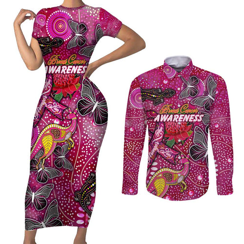 Breast Cancer Awareness Aboriginal Couples Matching Short Sleeve Bodycon Dress and Long Sleeve Button Shirt Australian Pink Out