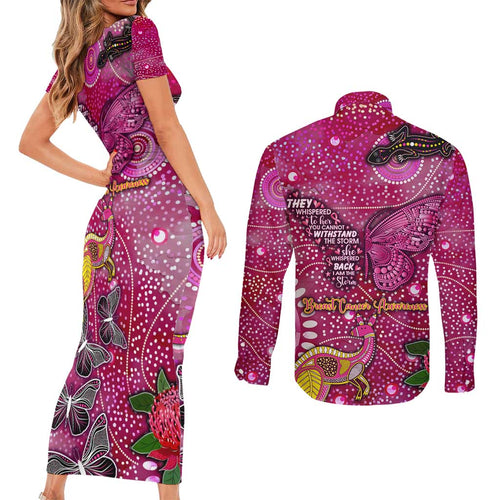 Breast Cancer Awareness Aboriginal Couples Matching Short Sleeve Bodycon Dress and Long Sleeve Button Shirt Australian Pink Out