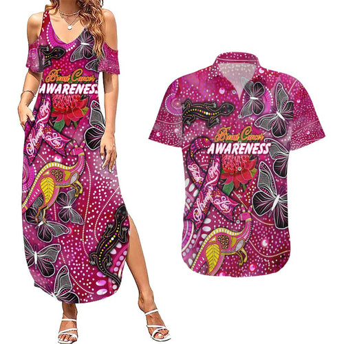 Breast Cancer Awareness Aboriginal Couples Matching Summer Maxi Dress and Hawaiian Shirt Australian Pink Out