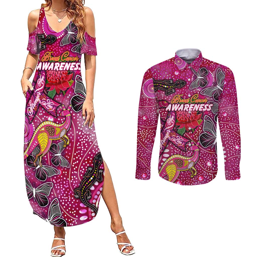 Breast Cancer Awareness Aboriginal Couples Matching Summer Maxi Dress and Long Sleeve Button Shirt Australian Pink Out