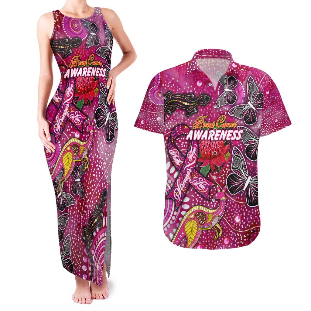 Breast Cancer Awareness Aboriginal Couples Matching Tank Maxi Dress and Hawaiian Shirt Australian Pink Out
