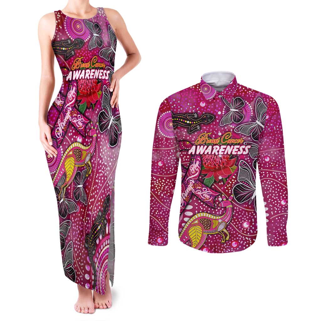 Breast Cancer Awareness Aboriginal Couples Matching Tank Maxi Dress and Long Sleeve Button Shirt Australian Pink Out