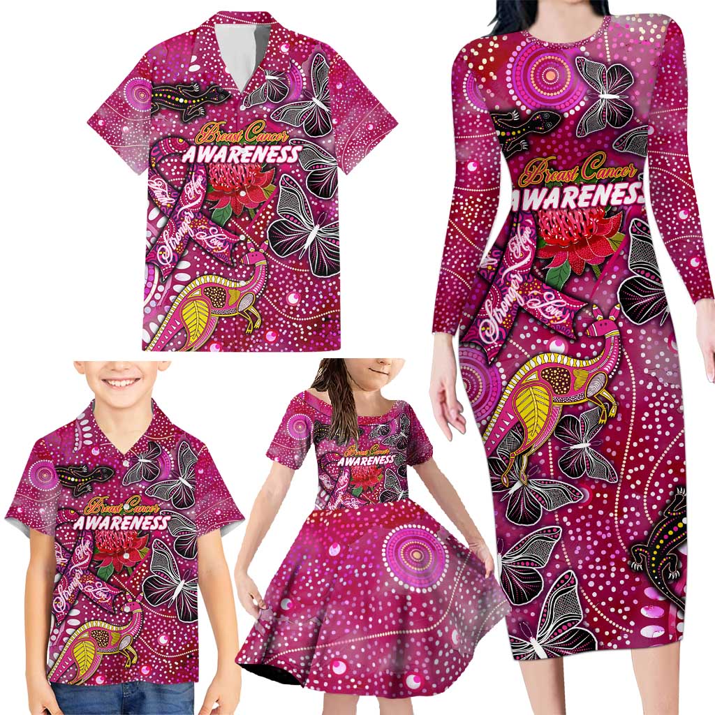 Breast Cancer Awareness Aboriginal Family Matching Long Sleeve Bodycon Dress and Hawaiian Shirt Australian Pink Out