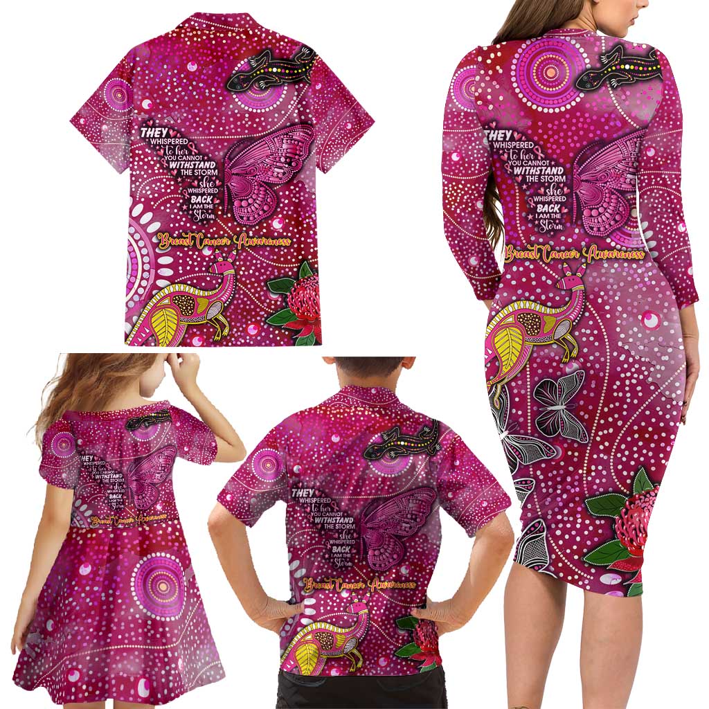 Breast Cancer Awareness Aboriginal Family Matching Long Sleeve Bodycon Dress and Hawaiian Shirt Australian Pink Out