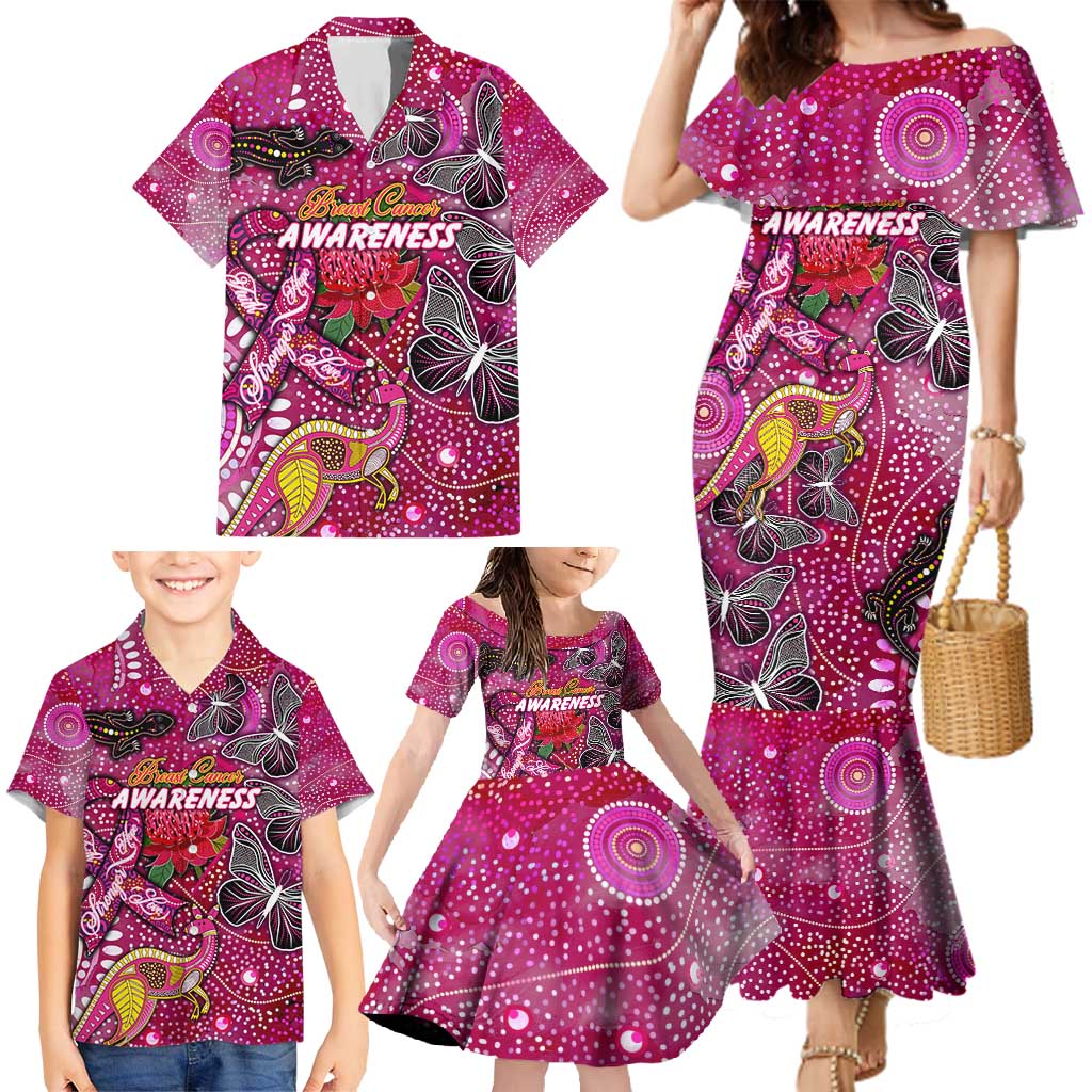 Breast Cancer Awareness Aboriginal Family Matching Mermaid Dress and Hawaiian Shirt Australian Pink Out