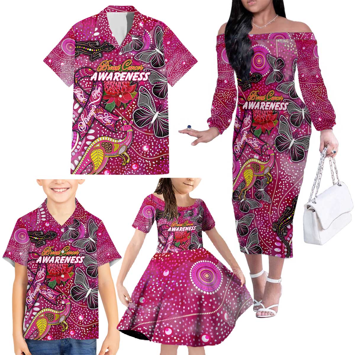 Breast Cancer Awareness Aboriginal Family Matching Off The Shoulder Long Sleeve Dress and Hawaiian Shirt Australian Pink Out