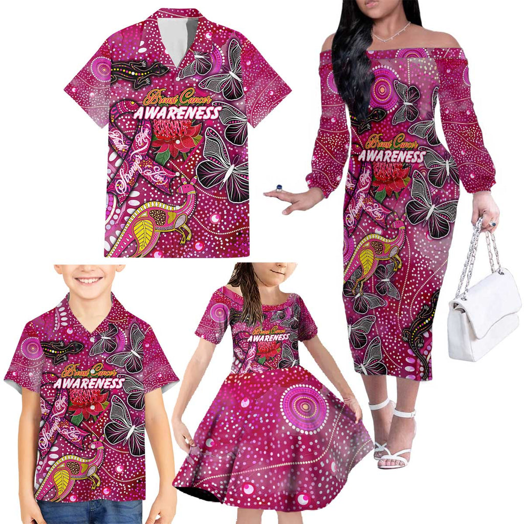 Breast Cancer Awareness Aboriginal Family Matching Off The Shoulder Long Sleeve Dress and Hawaiian Shirt Australian Pink Out