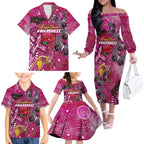 Breast Cancer Awareness Aboriginal Family Matching Off The Shoulder Long Sleeve Dress and Hawaiian Shirt Australian Pink Out