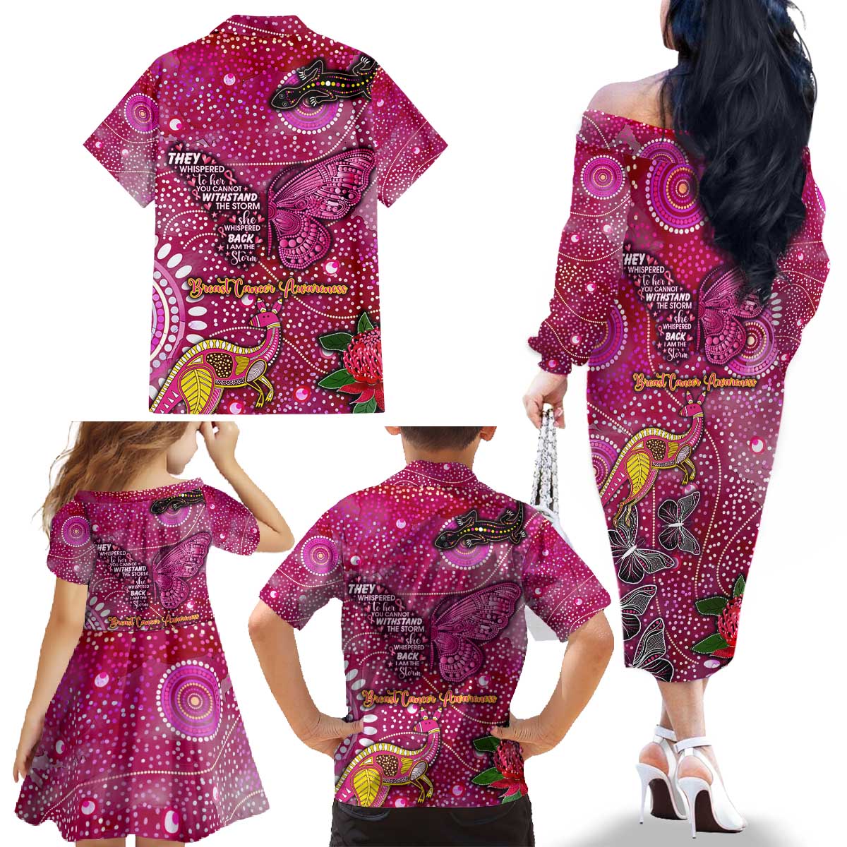 Breast Cancer Awareness Aboriginal Family Matching Off The Shoulder Long Sleeve Dress and Hawaiian Shirt Australian Pink Out