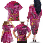 Breast Cancer Awareness Aboriginal Family Matching Off The Shoulder Long Sleeve Dress and Hawaiian Shirt Australian Pink Out