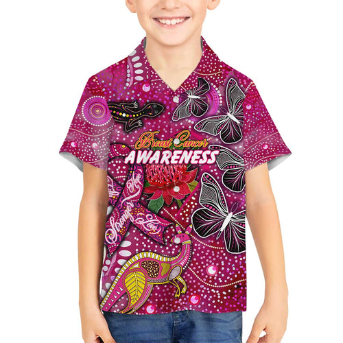 Breast Cancer Awareness Aboriginal Family Matching Off The Shoulder Long Sleeve Dress and Hawaiian Shirt Australian Pink Out