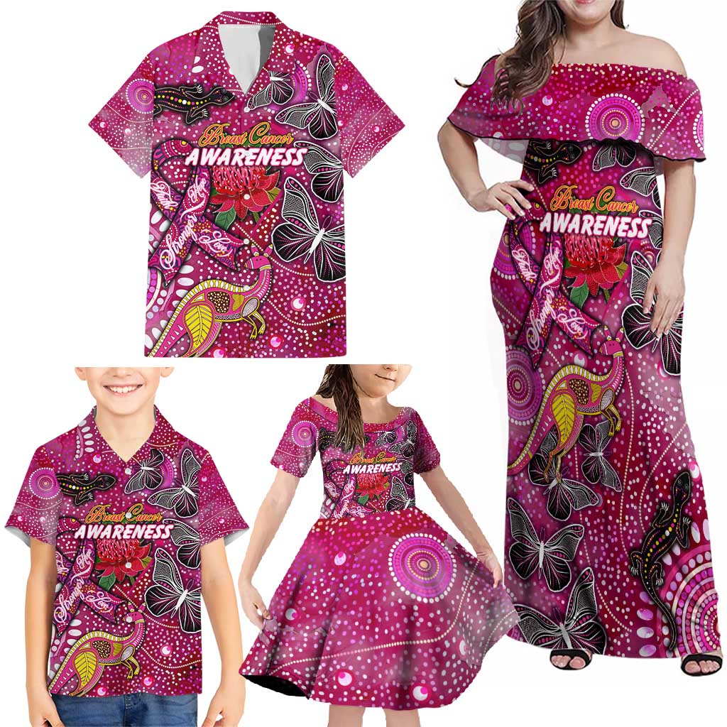 Breast Cancer Awareness Aboriginal Family Matching Off Shoulder Maxi Dress and Hawaiian Shirt Australian Pink Out