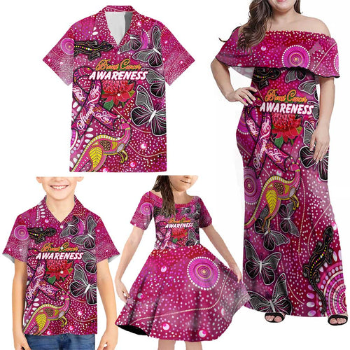 Breast Cancer Awareness Aboriginal Family Matching Off Shoulder Maxi Dress and Hawaiian Shirt Australian Pink Out