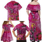 Breast Cancer Awareness Aboriginal Family Matching Off Shoulder Maxi Dress and Hawaiian Shirt Australian Pink Out