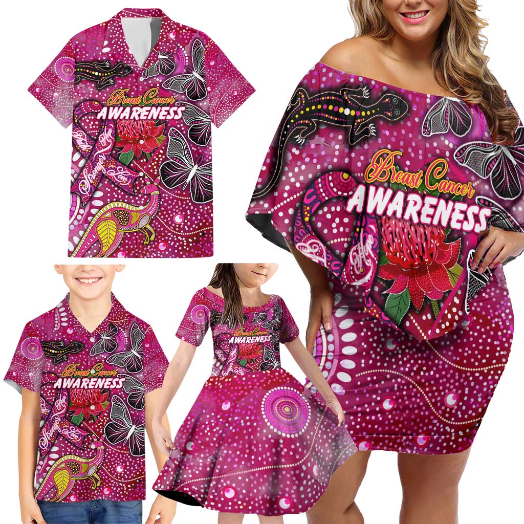 Breast Cancer Awareness Aboriginal Family Matching Off Shoulder Short Dress and Hawaiian Shirt Australian Pink Out