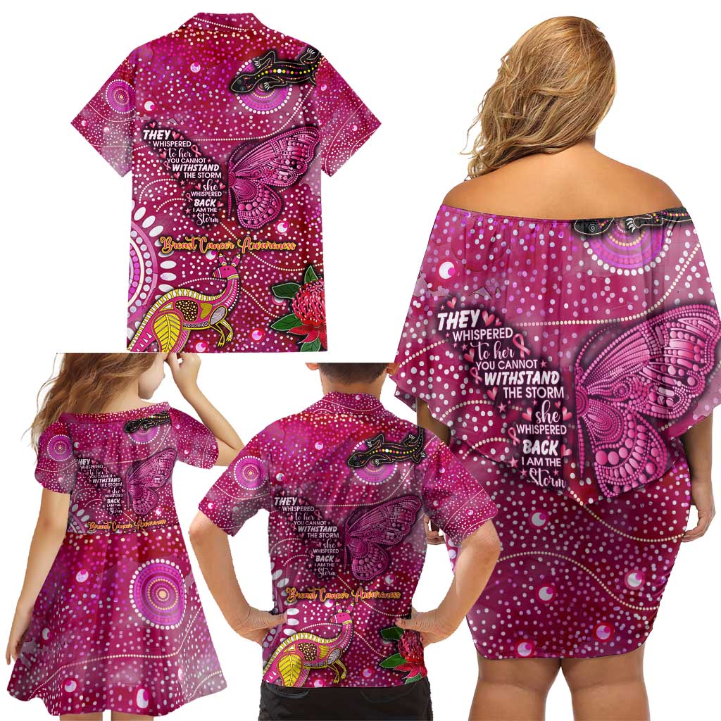 Breast Cancer Awareness Aboriginal Family Matching Off Shoulder Short Dress and Hawaiian Shirt Australian Pink Out