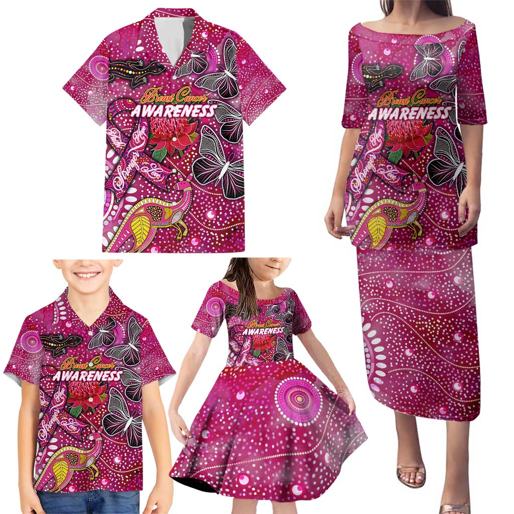 Breast Cancer Awareness Aboriginal Family Matching Puletasi and Hawaiian Shirt Australian Pink Out