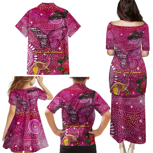 Breast Cancer Awareness Aboriginal Family Matching Puletasi and Hawaiian Shirt Australian Pink Out