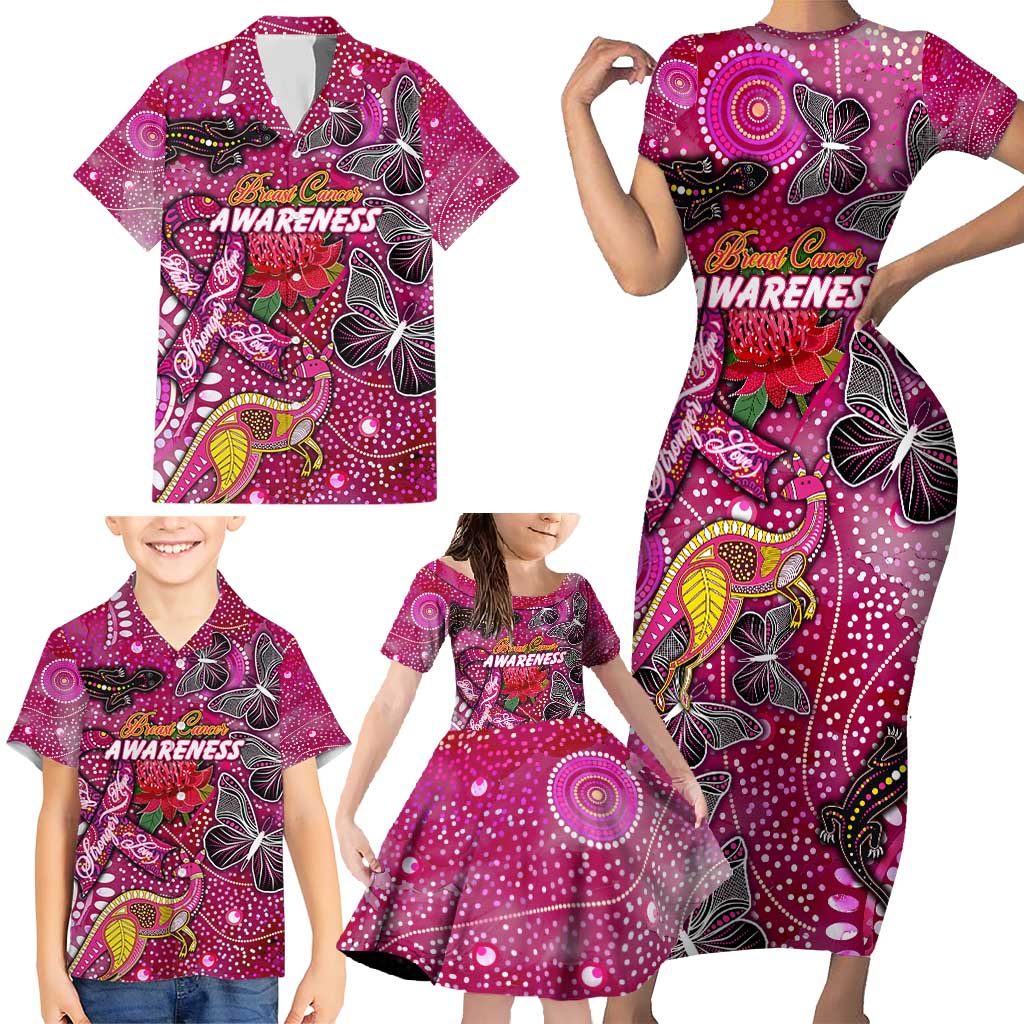 Breast Cancer Awareness Aboriginal Family Matching Short Sleeve Bodycon Dress and Hawaiian Shirt Australian Pink Out