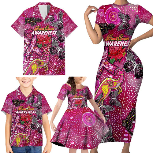 Breast Cancer Awareness Aboriginal Family Matching Short Sleeve Bodycon Dress and Hawaiian Shirt Australian Pink Out