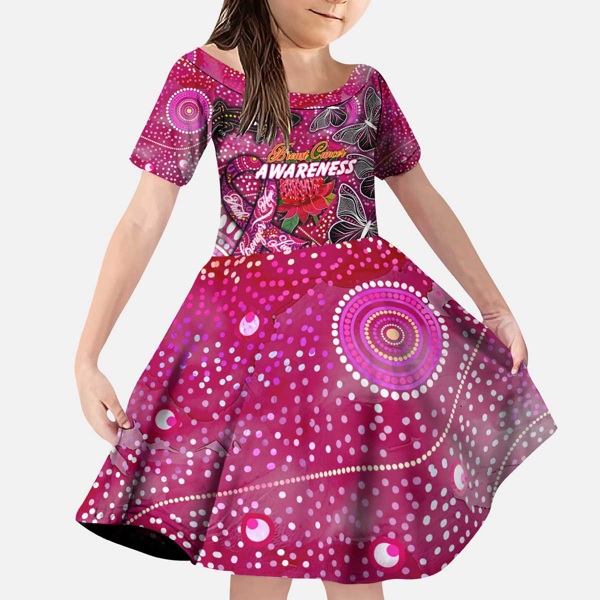 Breast Cancer Awareness Aboriginal Kid Short Sleeve Dress Australian Pink Out