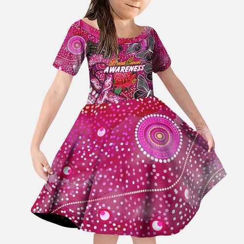 Breast Cancer Awareness Aboriginal Kid Short Sleeve Dress Australian Pink Out