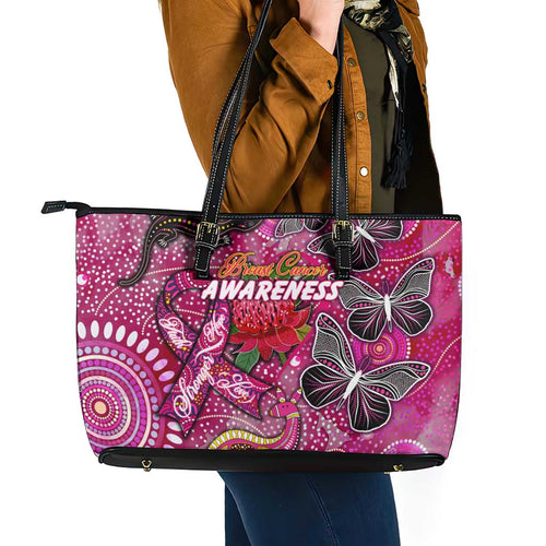 Breast Cancer Awareness Aboriginal Leather Tote Bag Australian Pink Out