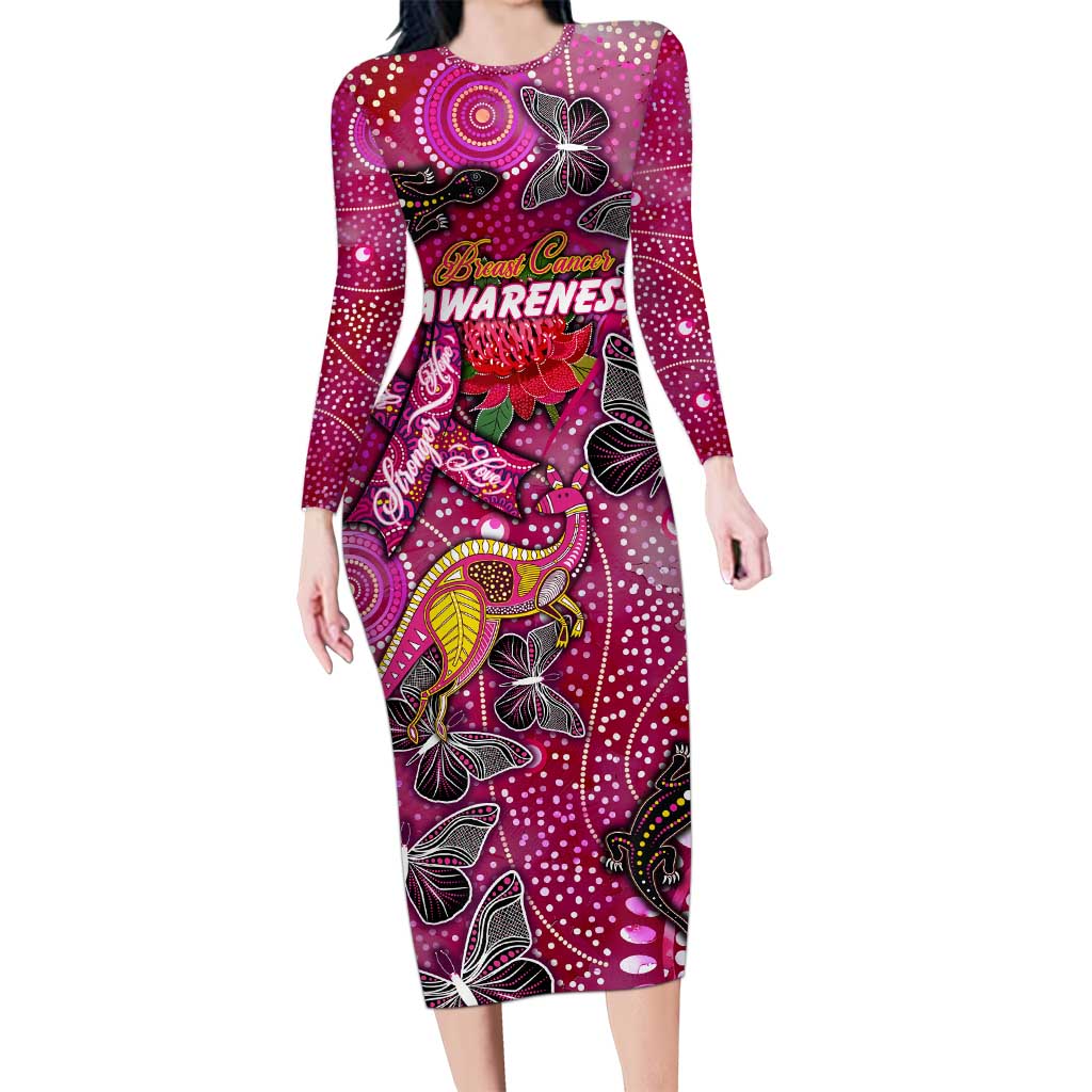 Breast Cancer Awareness Aboriginal Long Sleeve Bodycon Dress Australian Pink Out